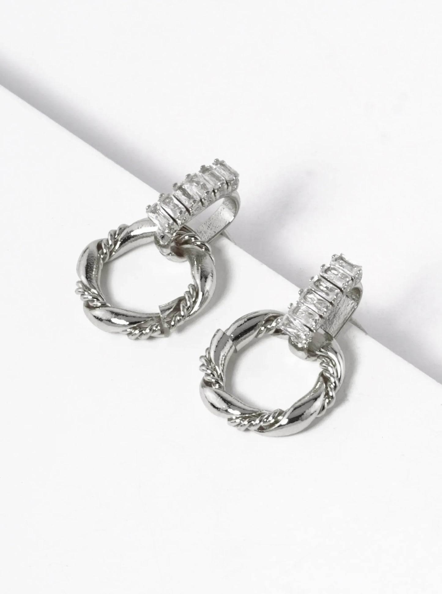 18K Gold Dipped Textured Circle Drop Baguette CZ Door Knocker Earrings