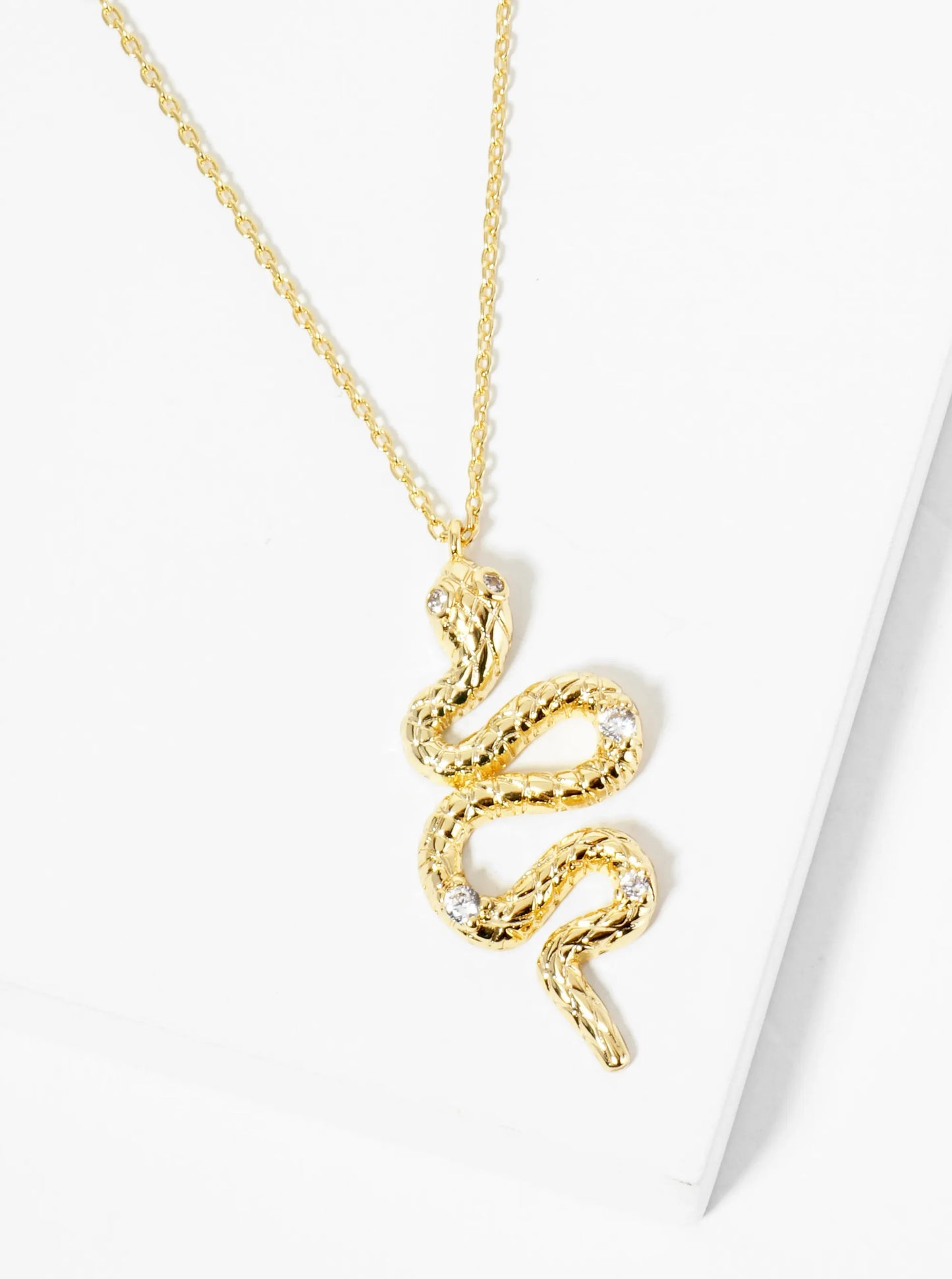18K Gold Dipped Textured Snake Pendant Adorned With CZ Stones Necklace