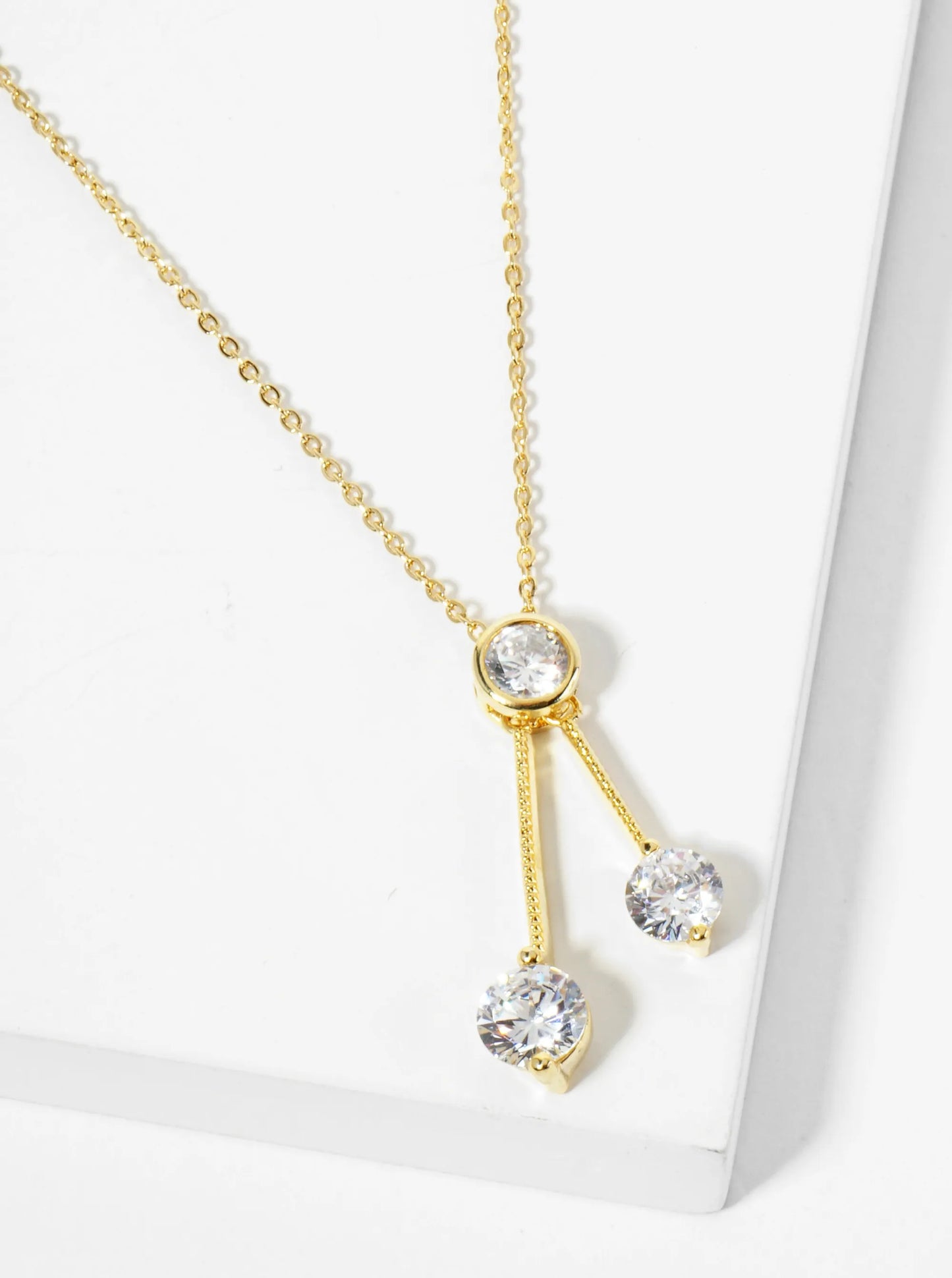 18K Gold Dipped Three CZ Stone Drop Pendant Necklace