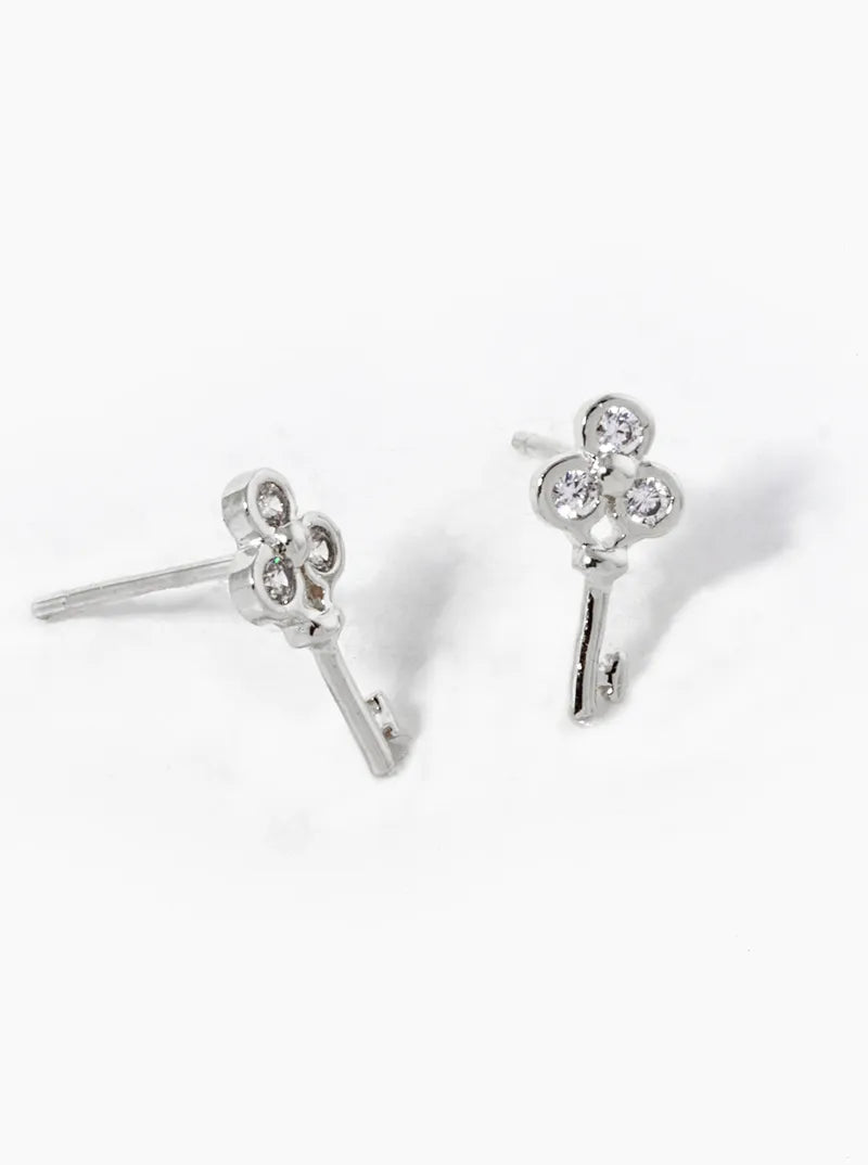 18K Gold Dipped Three CZ Stones Key Stud Earrings
