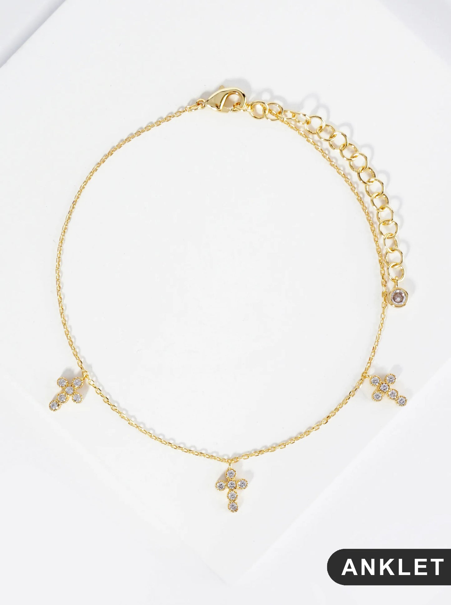 18K Gold Dipped Three Cubic Zirconia Cross Charms Brass Chain Anklet