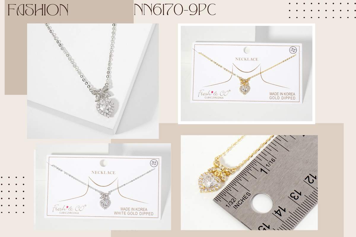 Heart CZ-Stone Drop Pave-Set Bow Pendant Necklace
