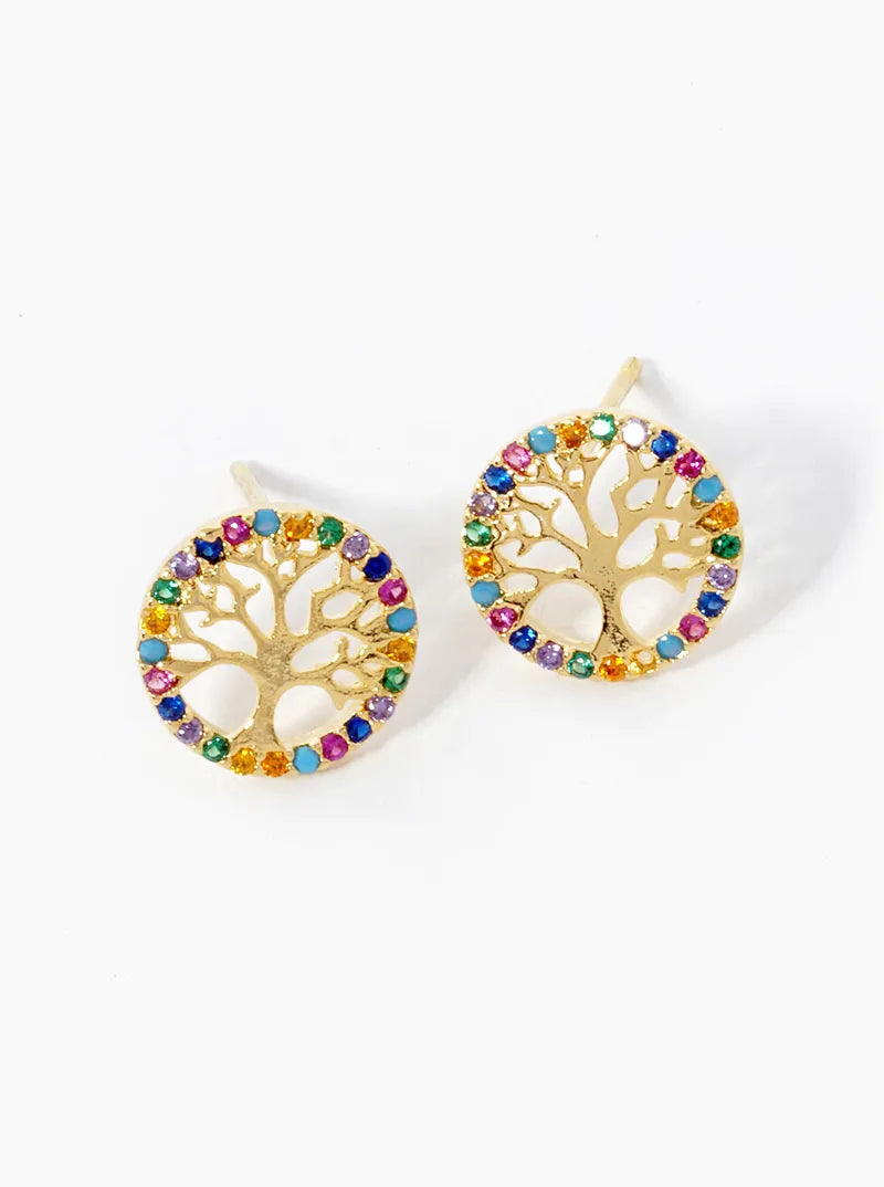 White Gold Dipped CZ Pave Delicate Tree Of Life Stud Earrings