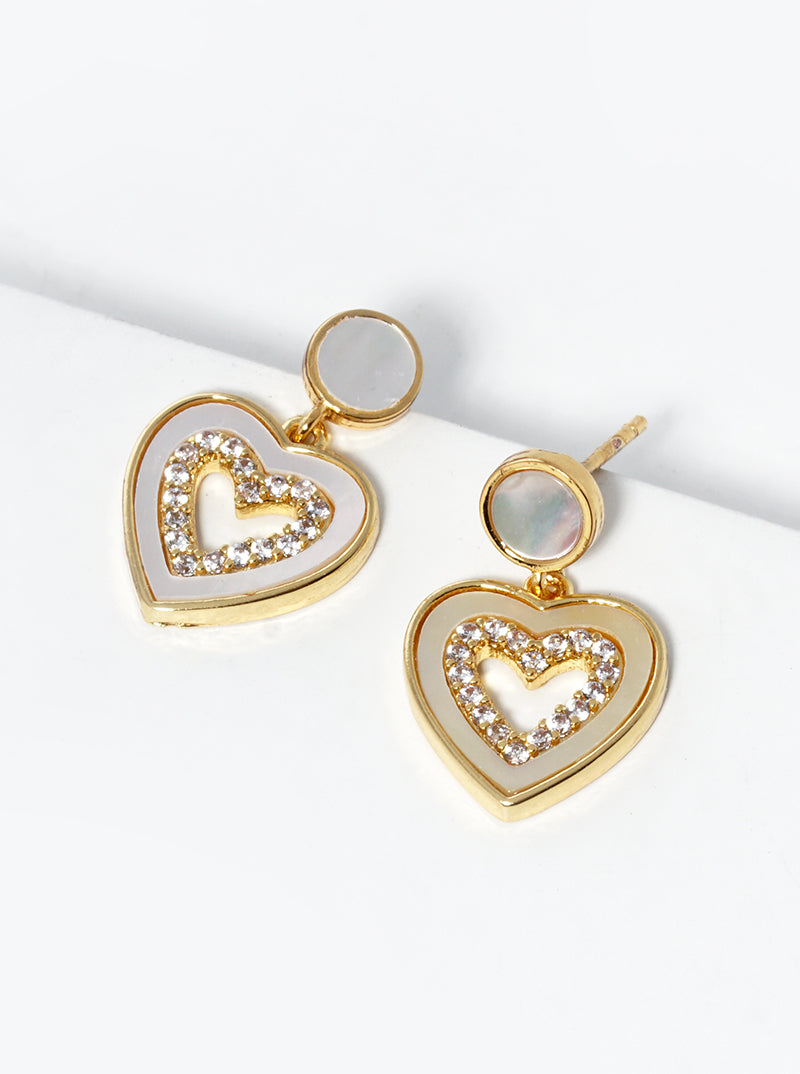 White Gold Dipped CZ Pave MOP Heart Drop Post Stud Earrings