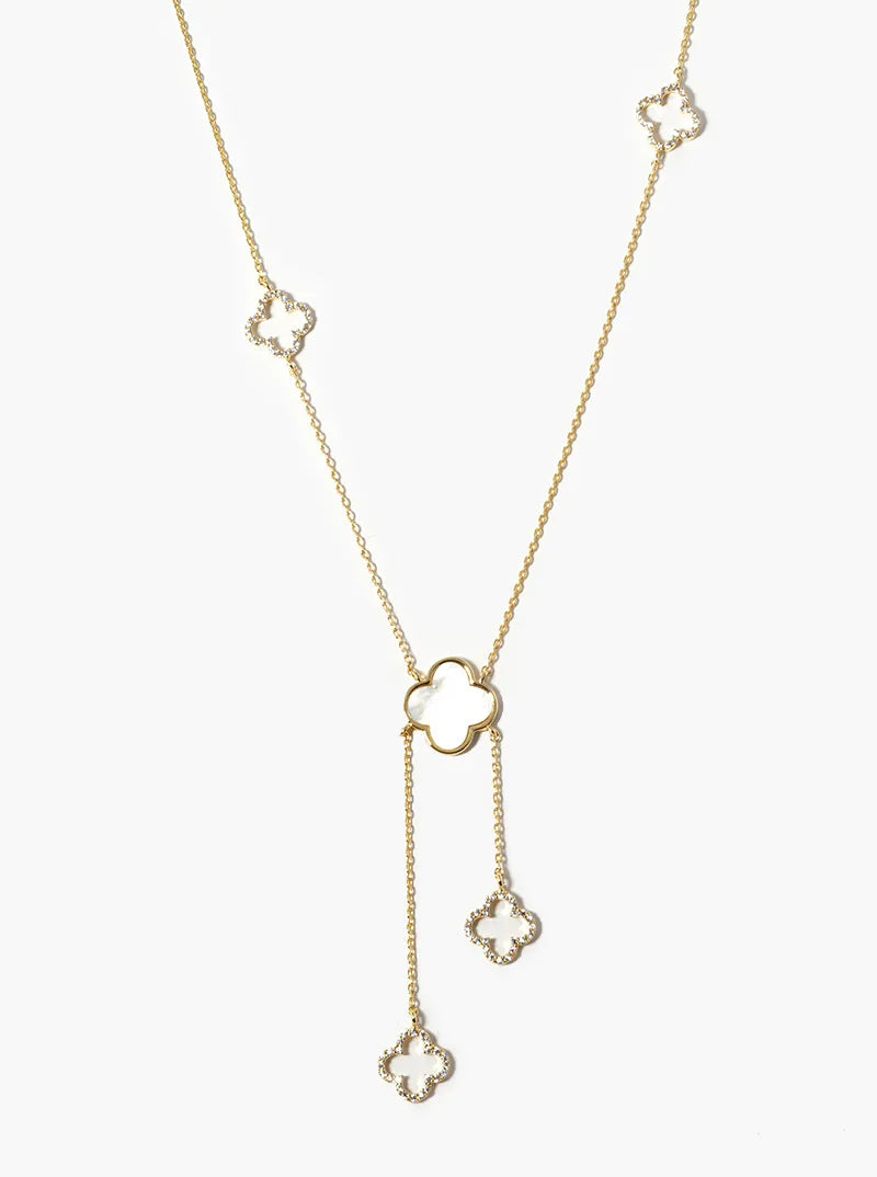 18k Gold Dipped CZ Pave Quatrefoil Lariat Necklace