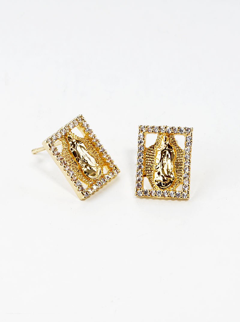 18k Gold Dipped CZ Pave Rectangle Virgin Mary Post Stud Earrings