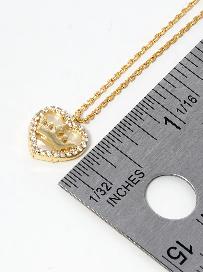 18k Gold Dipped Crown In CZ Pave MOP Heart Pendant Necklace
