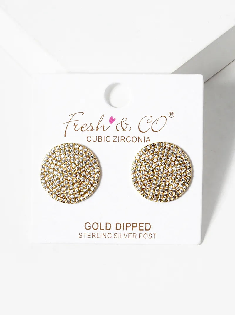 18k Gold Dipped 15mm CZ Pave Round Statement Post Stud Earrings