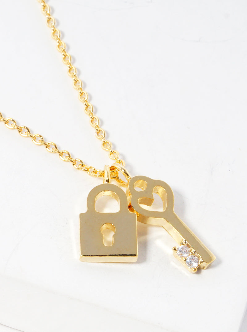White Gold Dipped CZ Padlock And Heart Key Pendant Delicate Necklace