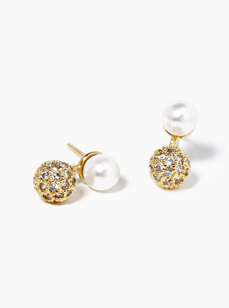 White Gold Dipped CZ Pave Ball Drop Pearl Post Stud Earrings