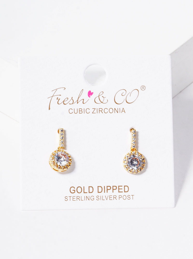18k Gold Dipped CZ Pave Bar With Round Drop Post Dangle Earrings