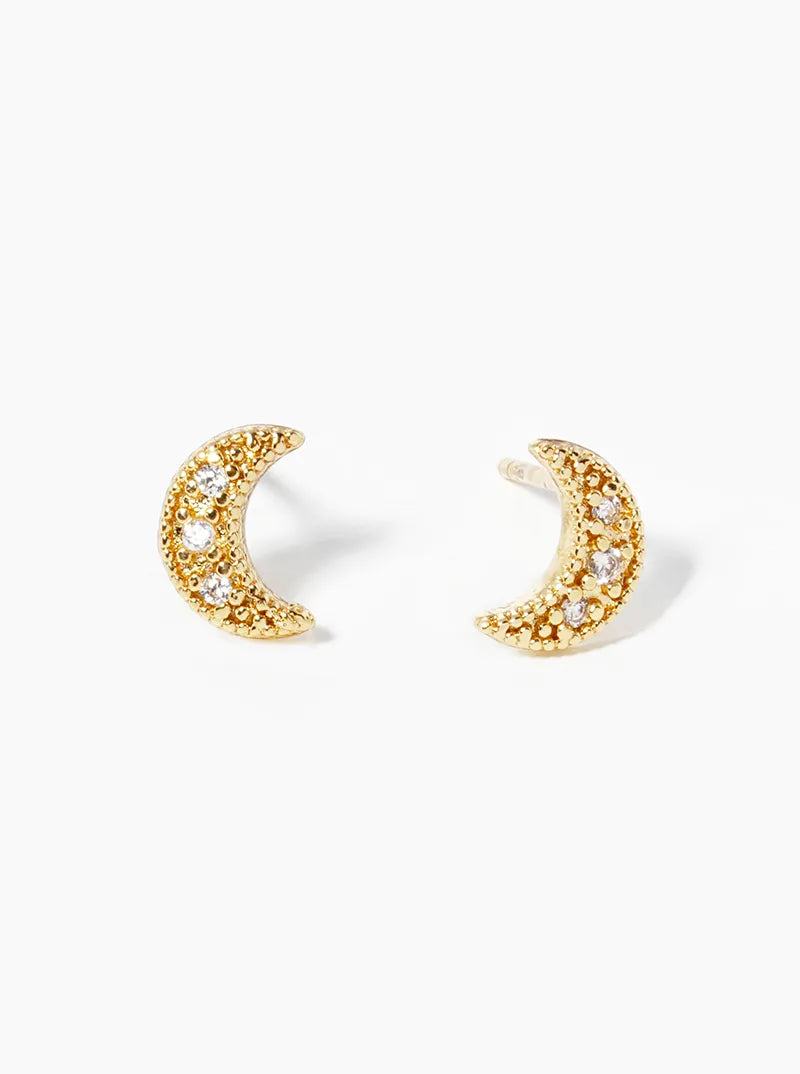 White Gold Dipped CZ Pave Crescent Moon Post Stud Earrings