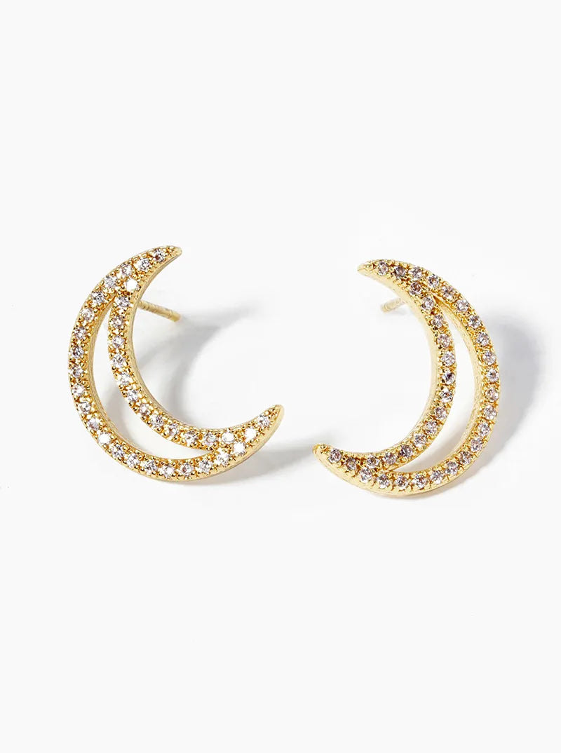 White Gold Dipped CZ Pave Crescent Moon Post Stud Earrings