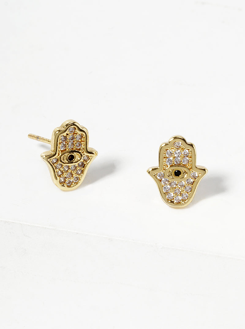 White Gold Dipped CZ Pave Hamsa Dainty Post Stud Earrings