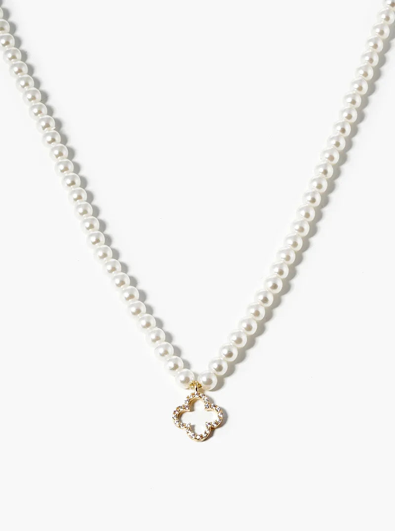 White Gold Dipped CZ Pave Quatrefoil Pendant Pearl Beaded Chain Necklace