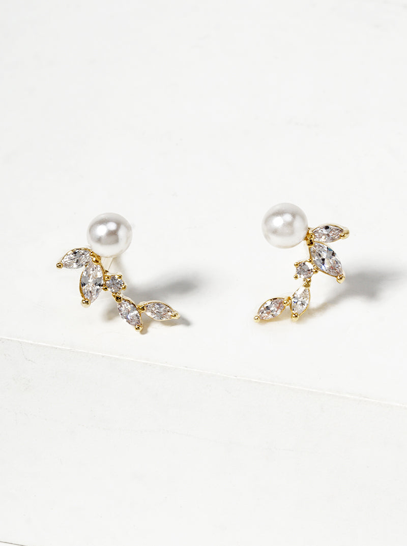 White Gold Dipped CZ Pearl Curved Leaf Dainty Post Stud Earrings