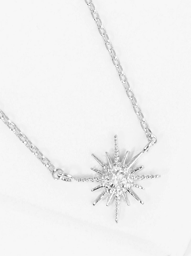 White Gold Dipped CZ Sunburst Pendant Delicate Necklace
