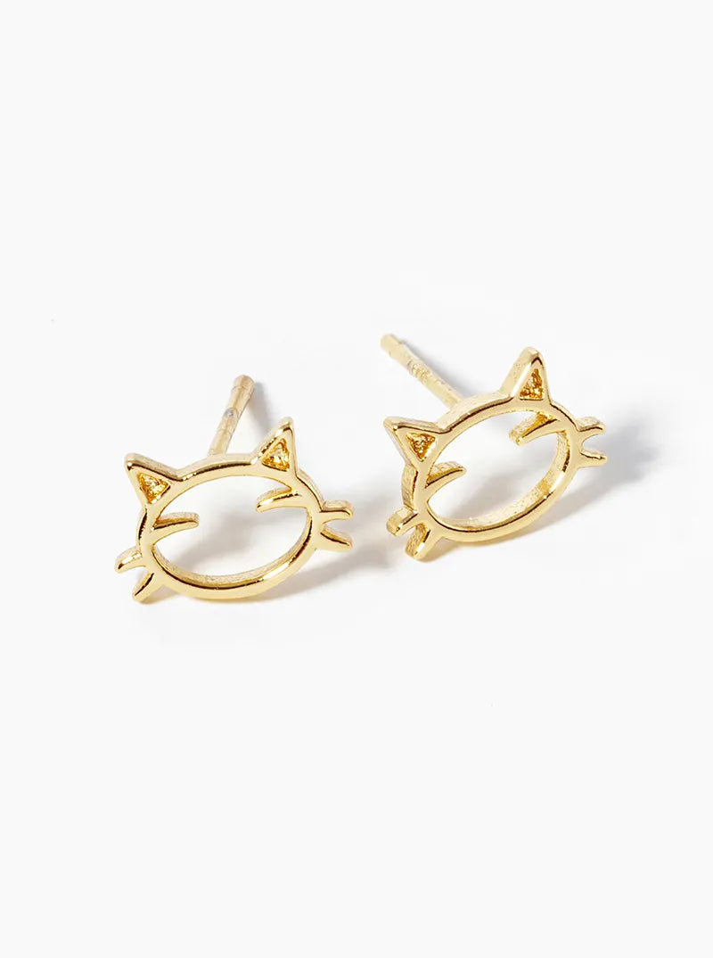 White Gold Dipped Delicate Cat Post Stud Earrings