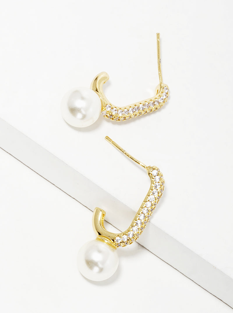 White Gold Dipped Glass Pearl Drop CZ Pave Open Hoop Earrings