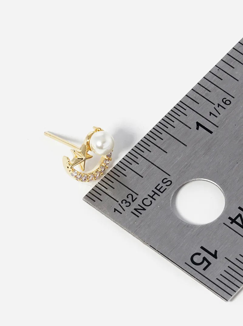 18k Gold Dipped Pearl CZ Pave Moon And Star Post Stud Earrings