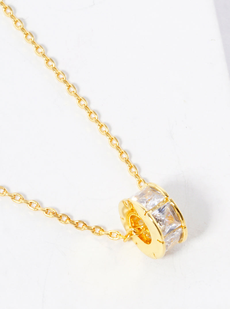 White Gold Dipped Square CZ Wheel Shape Pendant Delicate Necklace