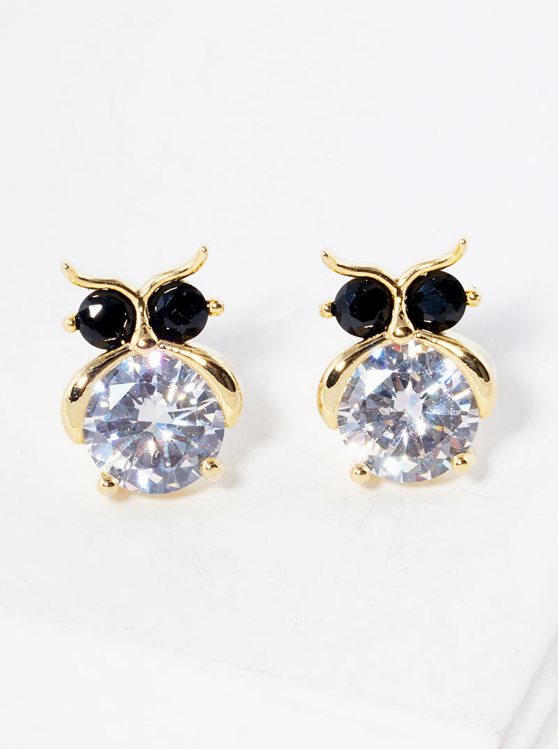White Gold Dipped CZ Owl Post Stud Earrings