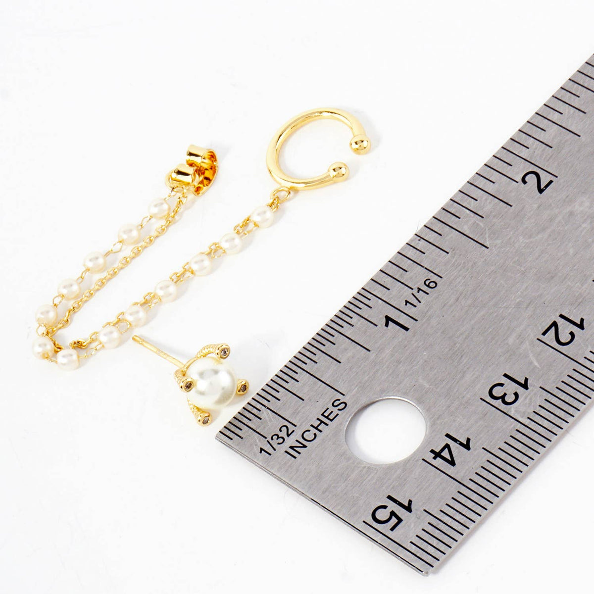 4-Prong 6mm Pearl Stud and Ear Cuff Drape Chain Earring Set
