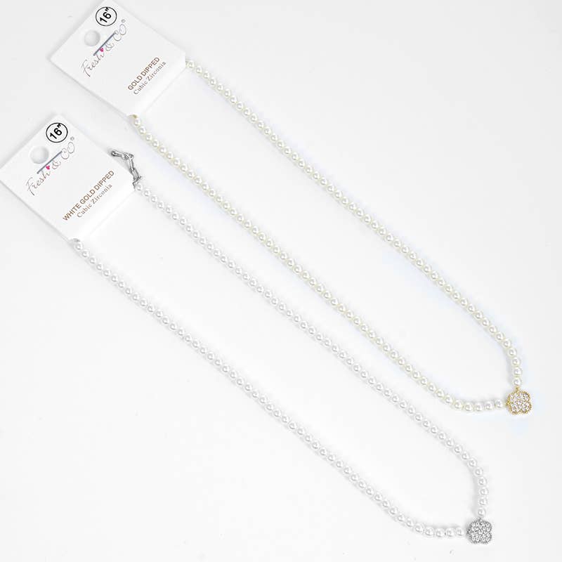 18K Gold Dipped CZ Quatrefoil Pendant Pearl Necklace