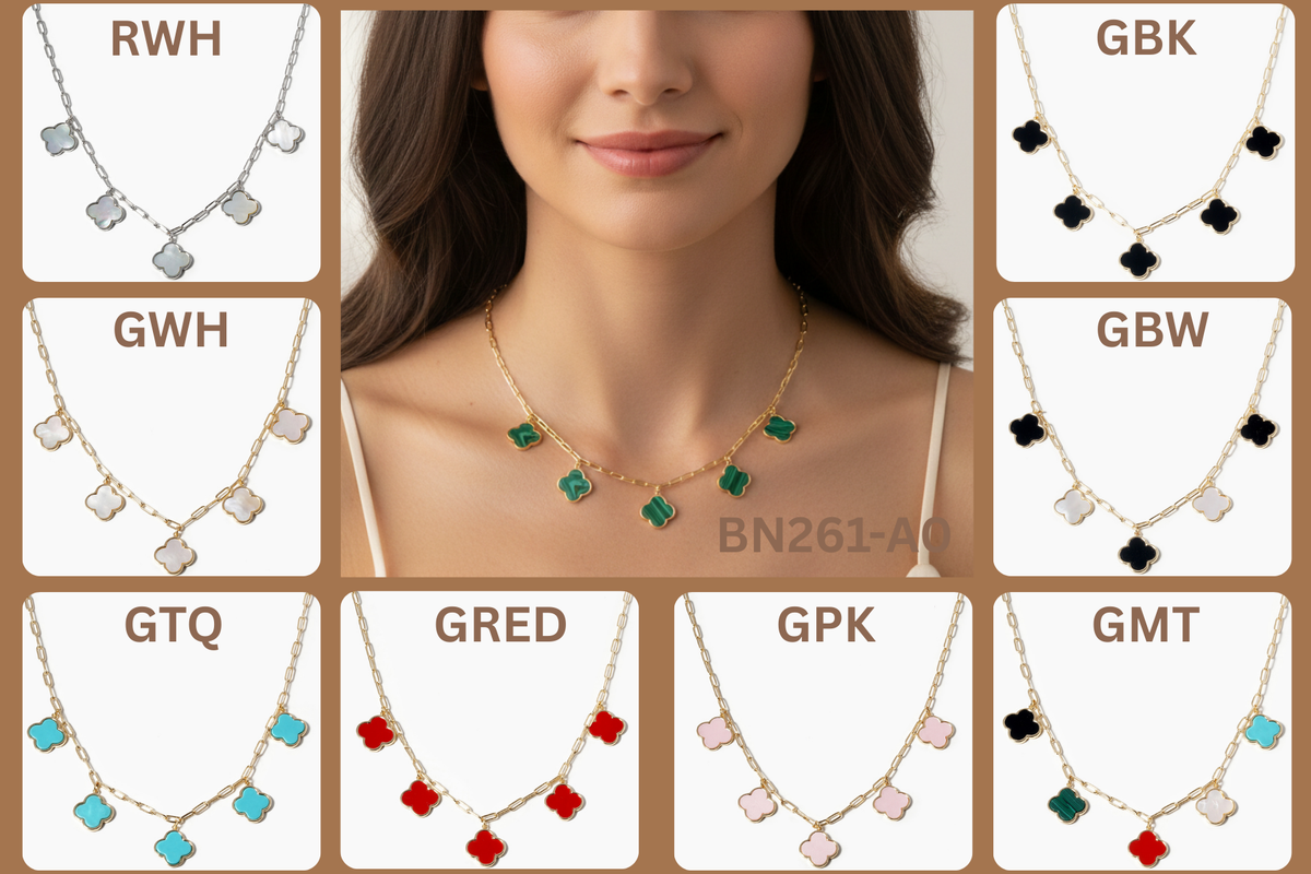 5-Clover Charm Paperclip Link Station Necklace