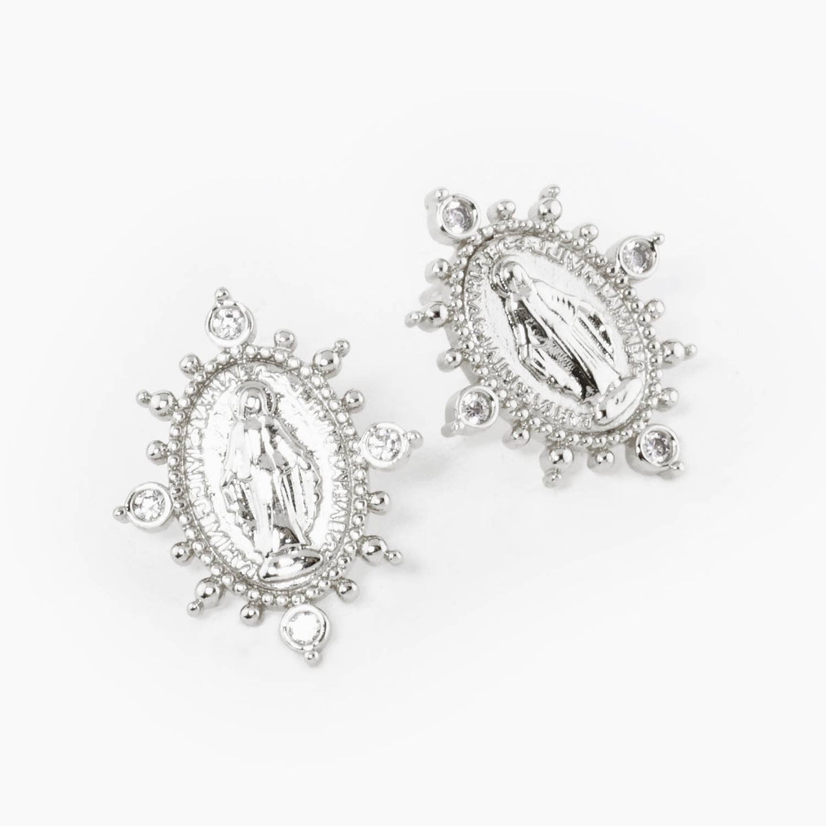 18K GOLD DIPPED CZ OVAL MIRACULOUS MEDAL RELIGIOUS STUD