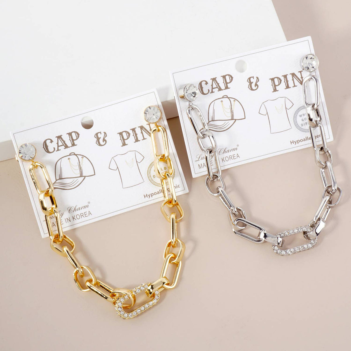 Chunky Link Hat & Collar Pin Chain with Crystal Accents