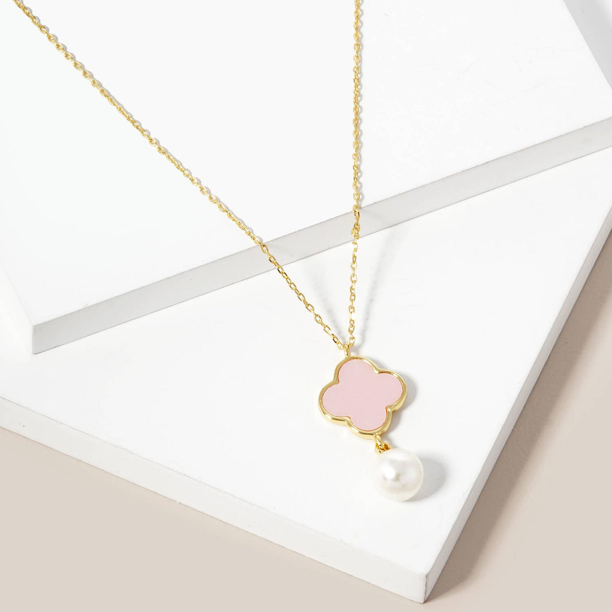 Clover Inlay & Pearl Drop Charm Necklace