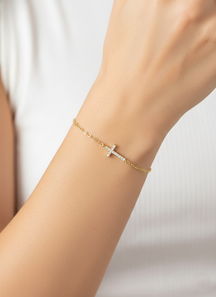 Dainty Pave Cross Charm Chain Bracelet