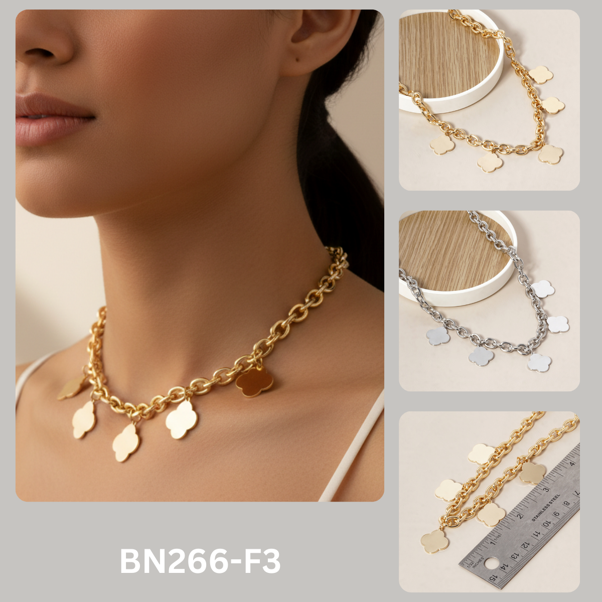 Gold and Silver Clover Charm Chunky Link Chain Necklace