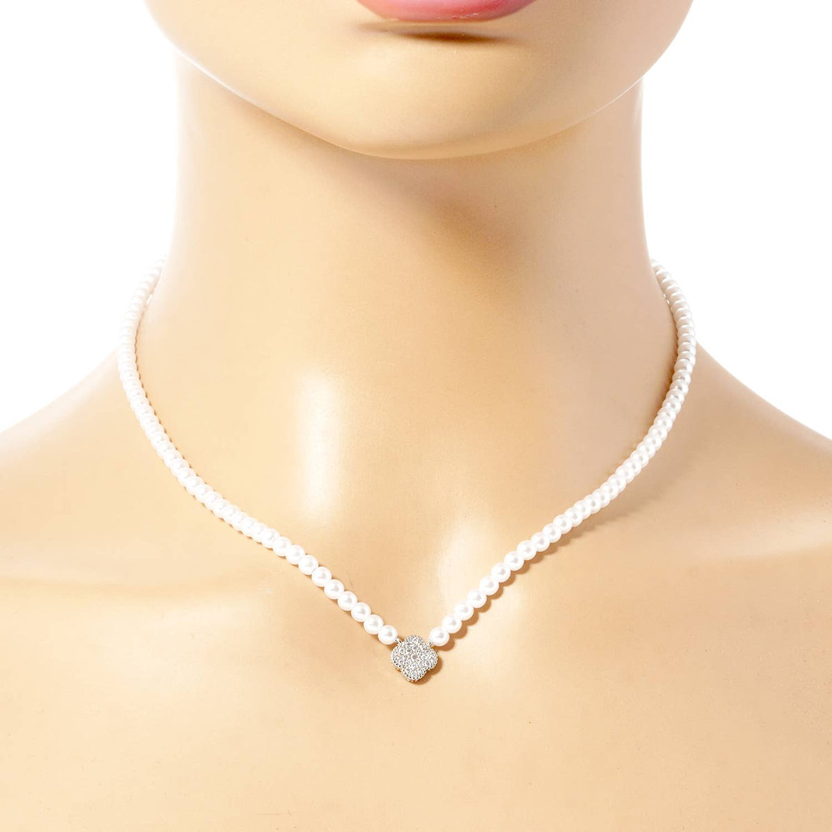 18K Gold Dipped CZ Quatrefoil Pendant Pearl Necklace