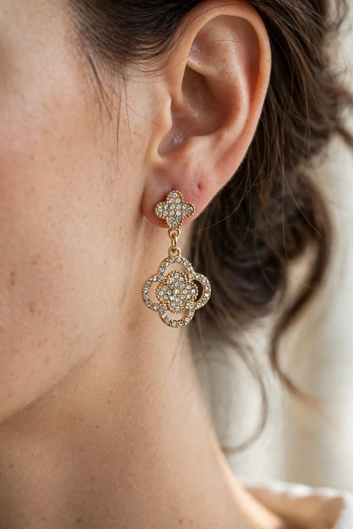 Crystal Clover Drop Earrings – Pavé Quatrefoil Dangle, Gold