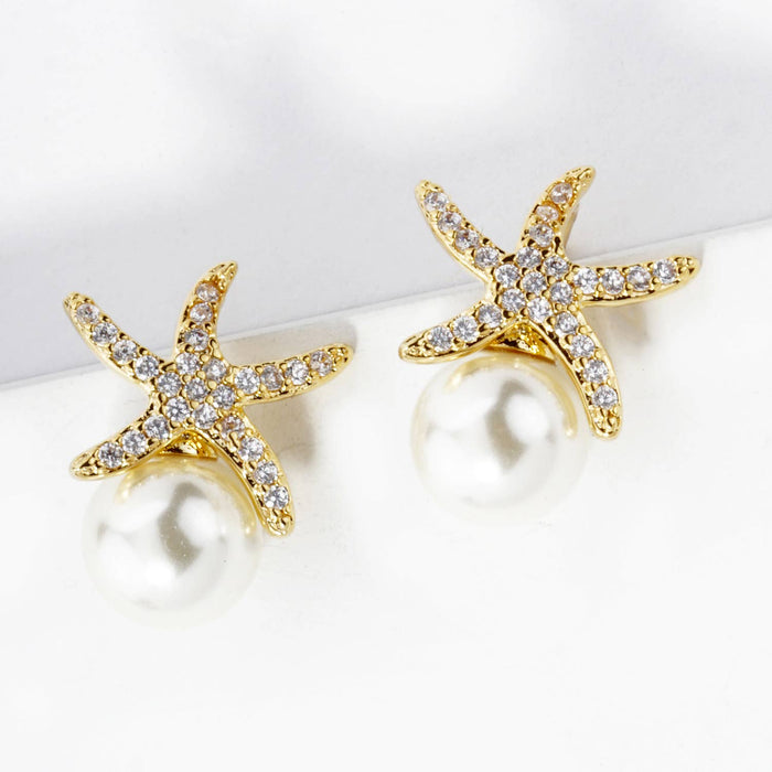 SEA STARS STARFISH 8MM PEARL STUD EARRINGS