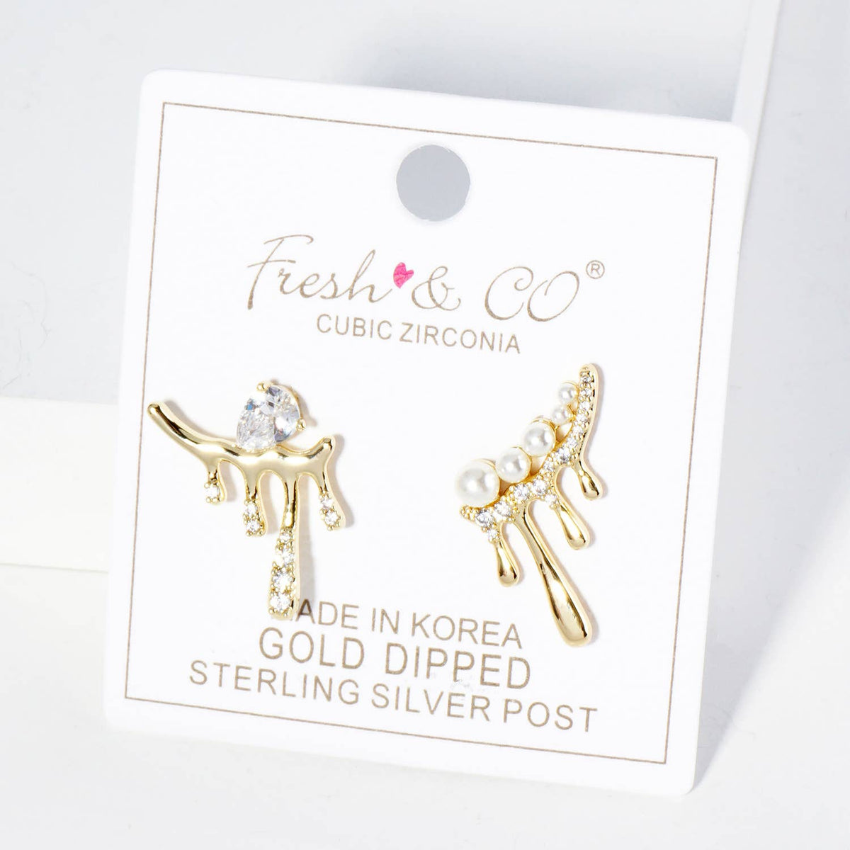 Melting CZ Glass Pearl Bar Asymmetrical Stud Earrings