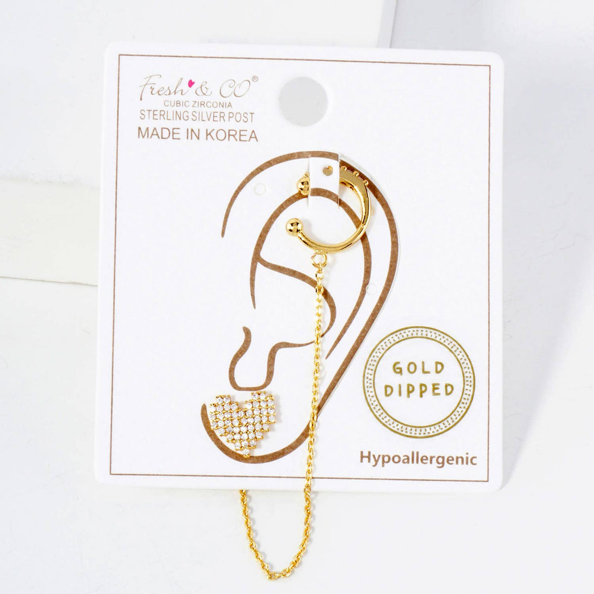 Pixel Heart Stud and Ear Cuff Drape Chain Earring Set
