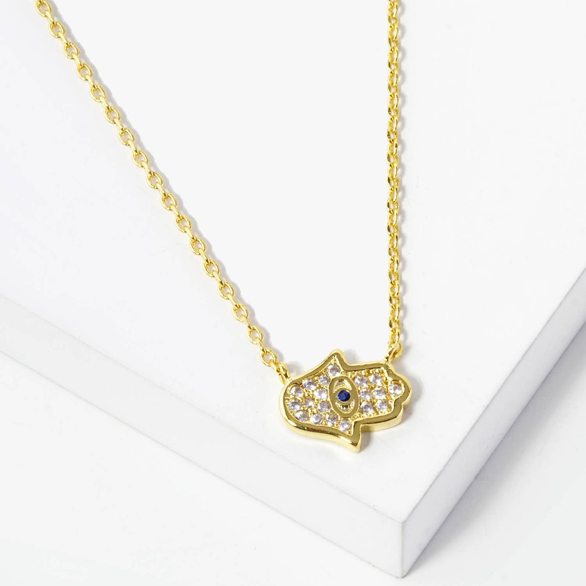 CZ Pave Hamsa Hand with Evil Eye Pendant Necklace
