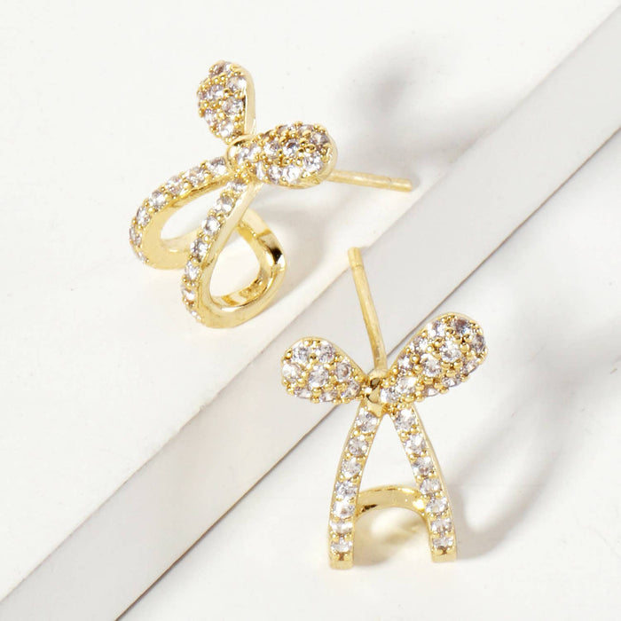 Pave-Set CZ 15mm Bow Open Huggie Hoop Earrings