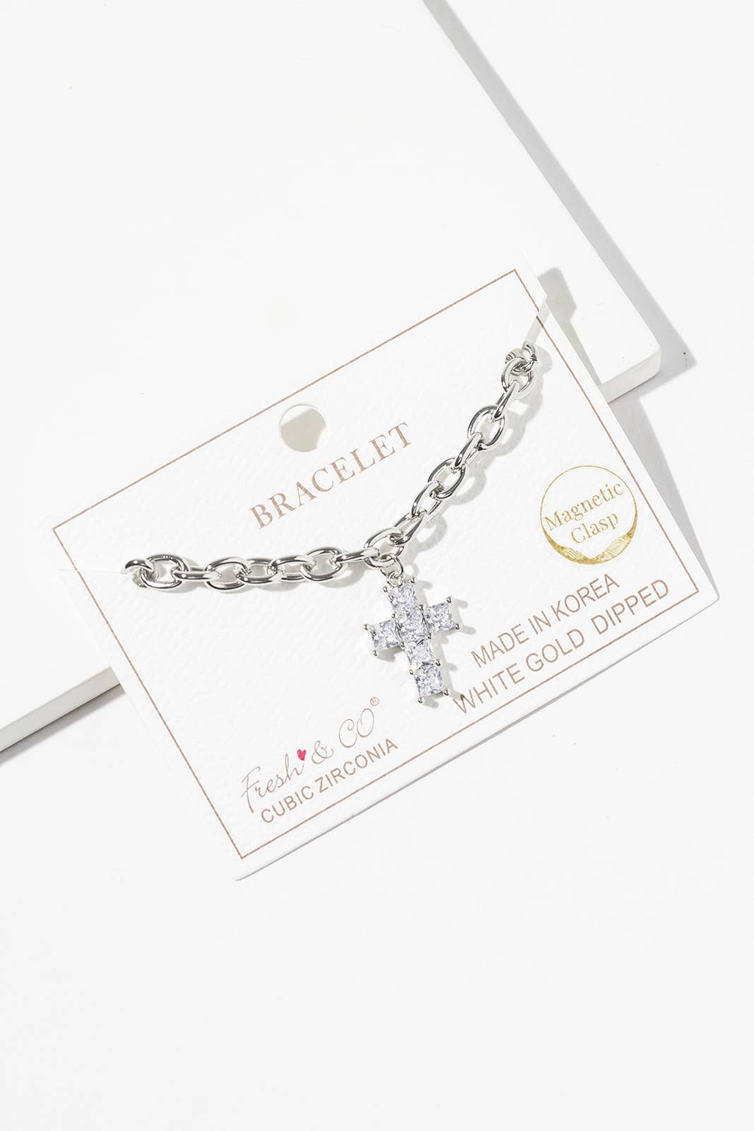 Sparkling CZ Cross Charm Bracelet with Magnetic Clasp