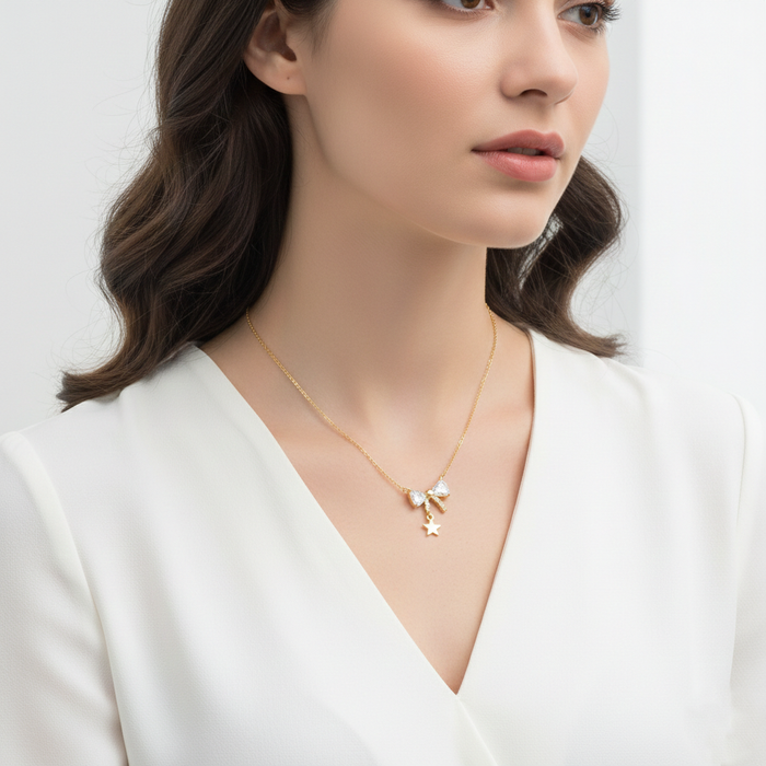 Dainty CZ Bow & Star Pendant Necklace
