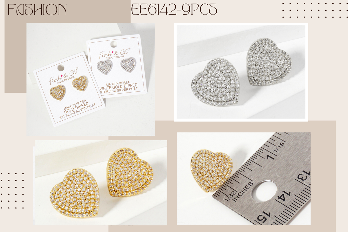Pave-Set 15mm Heart-Shaped 18K-Gold-Dipped Stud Earrings