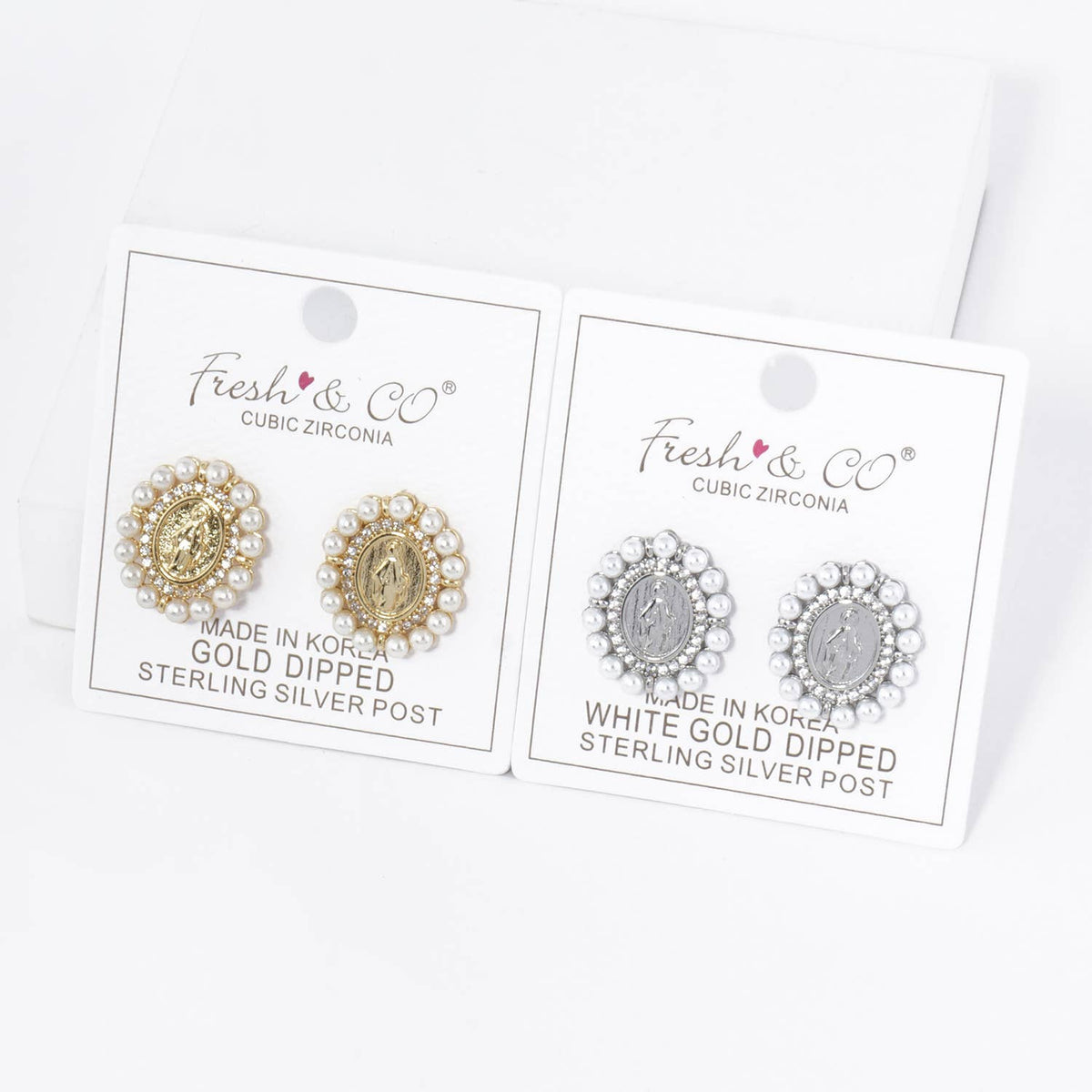 3MM PEARL BEADED CZ OVAL MIRACULOUS MEDAL STUD EARRINGS