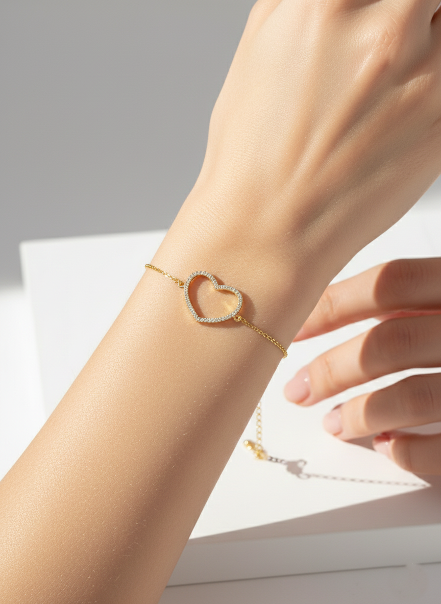 Minimalist Pavé Open-Heart Charm Bracelet