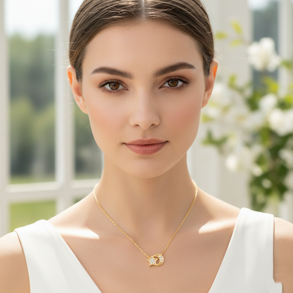 Celestial Star and Crescent Moon Dainty Pendant Necklace