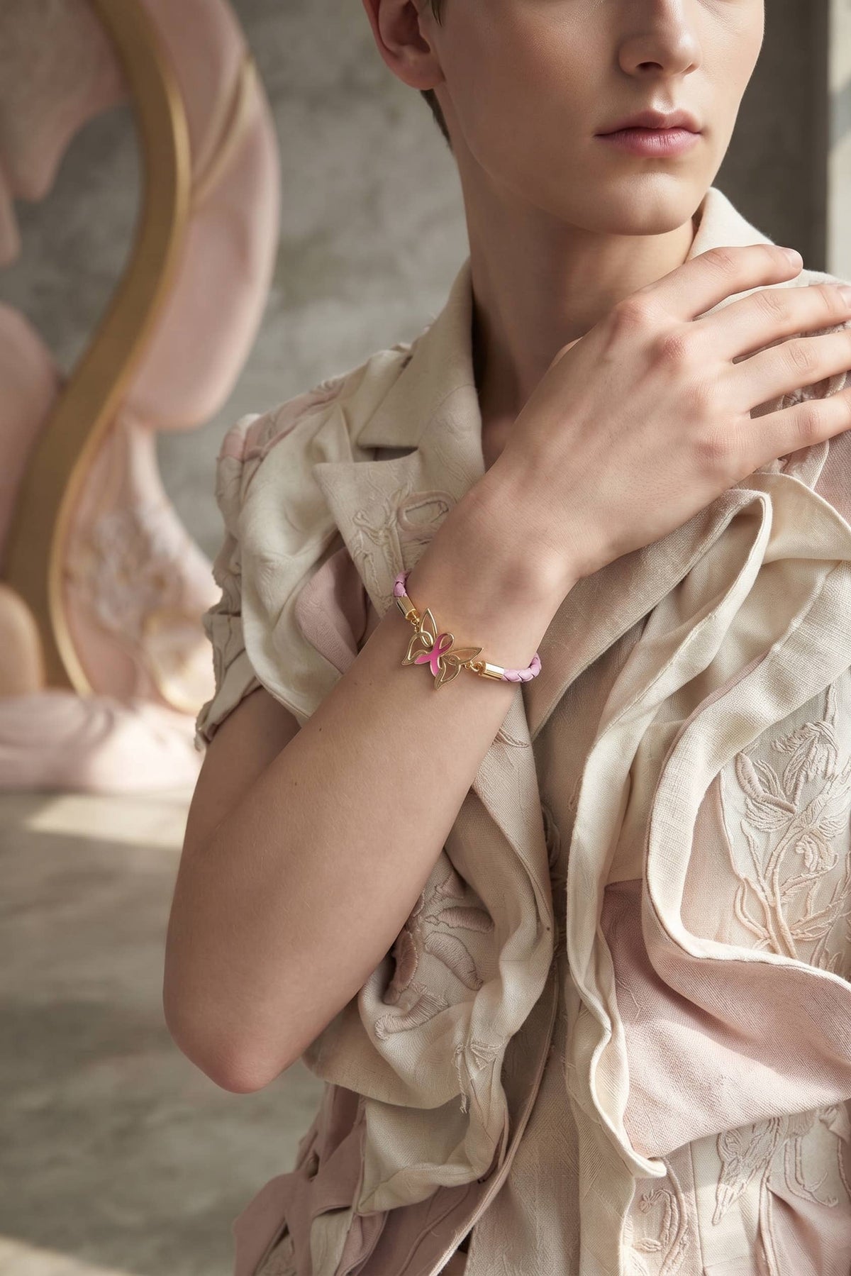 Pink Ribbon Butterfly Bracelet – Gold-Dipped Braided Charm