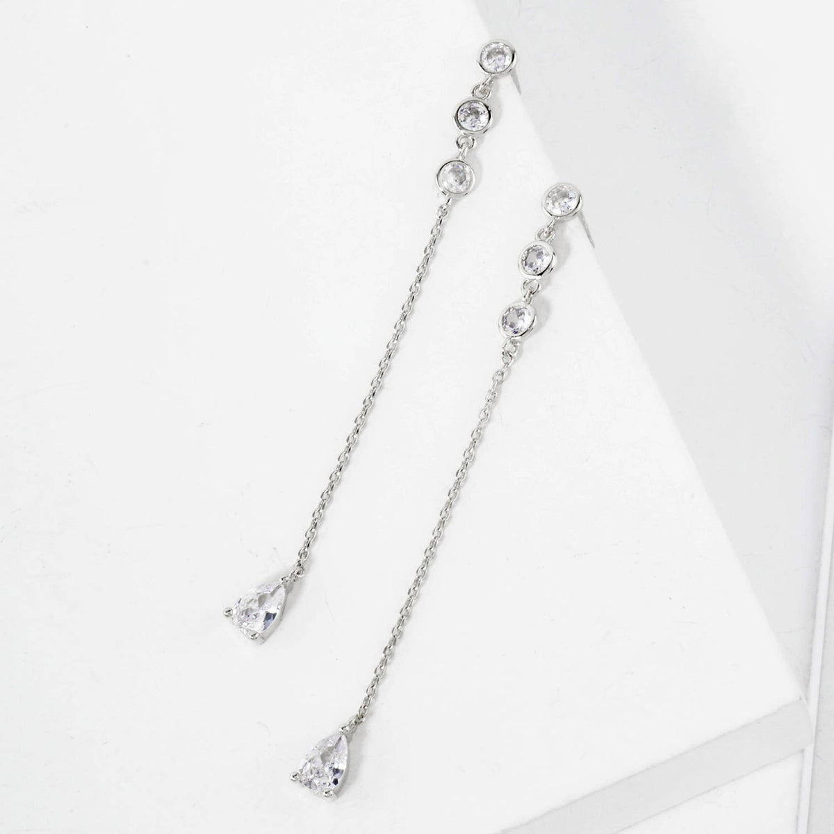 Round CZ Stone Trio with Teardrop Drop Chain Earrings