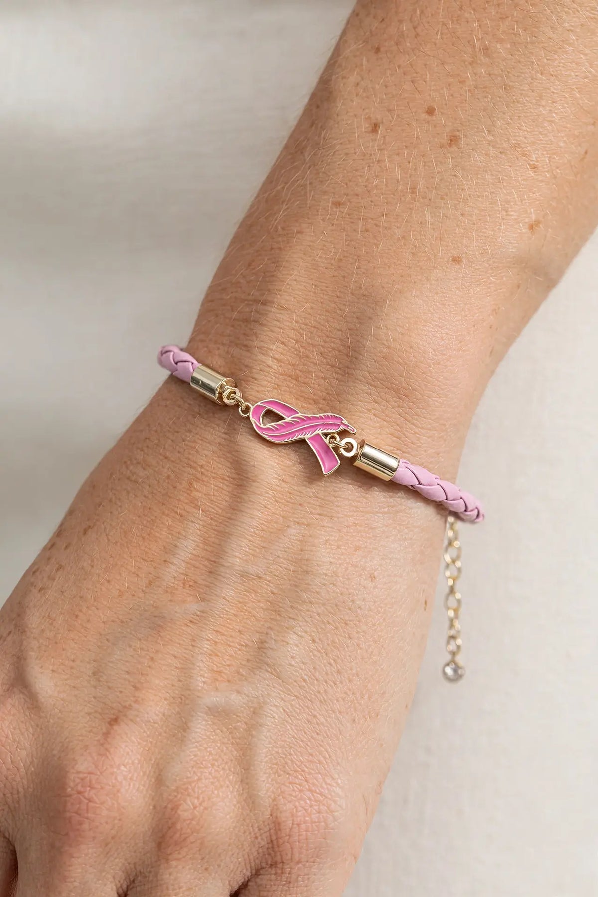 Pink Feather Ribbon Braided Bracelet – Gold-Dipped Awareness